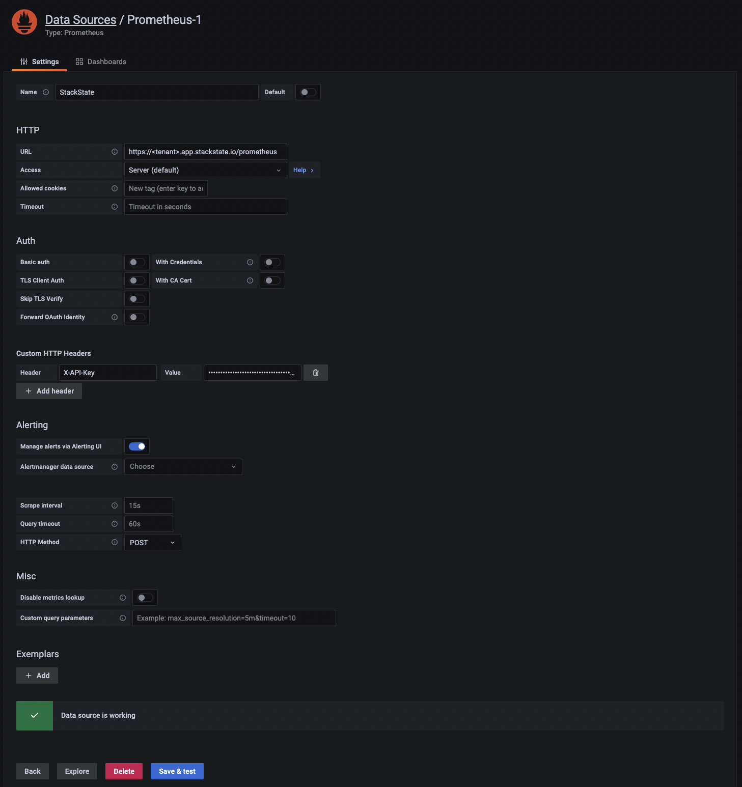 Configuración del origen de datos de Grafana